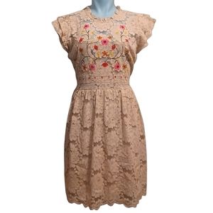 Sequin Hearts Lace Embroidered Dress Tan Floral Size 13 Juniors or 12 Womens